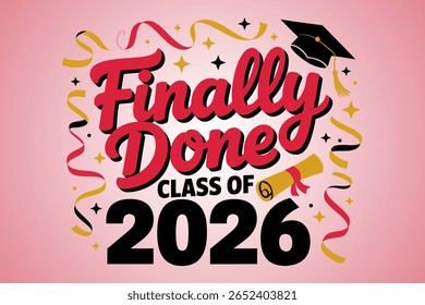 Finalmente feito aula de 2026, confete rosa, boné de graduação, camisa sênior, celebração de formatura, vetor moderno, design festivo