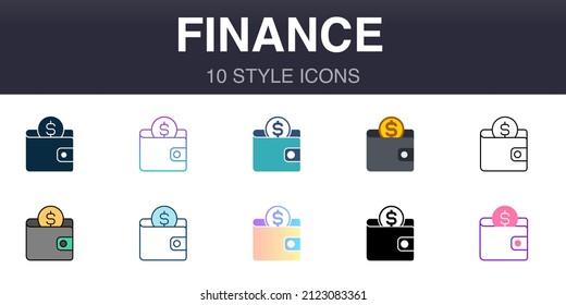 Finanzen 10-Stile universelle Symbole, Linien, Umrisse, einfach, flach, gefüllt, zwei farbige Farbelemente, Farbverlauf-Elemente