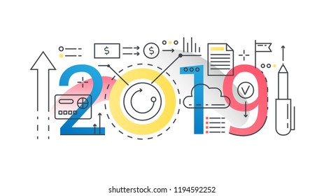 Finance 2019 word trendy composition concept banner. Outline stroke business, finance, investment analysis. Flat line icons lettering typography on white background.