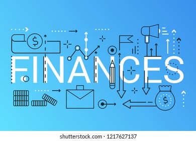 Finance 2019 word trendy composition concept banner. Outline stroke Investment, Strategy, Analysis. Flat line icons lettering typography on white background.