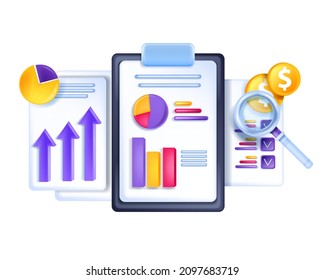 Finance 3D data analysis concept, vector business strategy research illustration, document clipboard. Income growth arrow, dollar coin statistic diagram chart, accounting marketing. 3D finance clipart