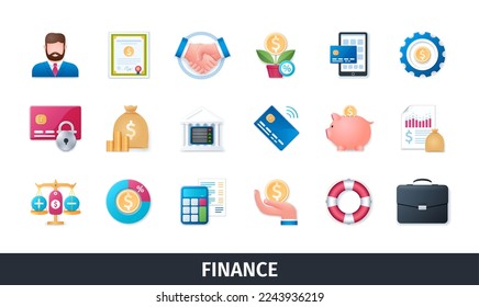 Finance 3d vector icon set. Commerce, payments, insurance, business, credit card, accounting, investment. Realistic objects in 3D style