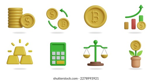 finance 3D vector icon set.
coins,currency exchange,bitcoin,bullish chart,gold bar,calculator,justice scale,money tree plant