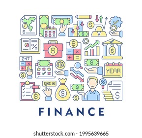Finance abstract color concept layout with headline. Commercial business. Wealth, funds. Banking service. Stock trading. Economy creative idea. Isolated vector filled contour icons for web background