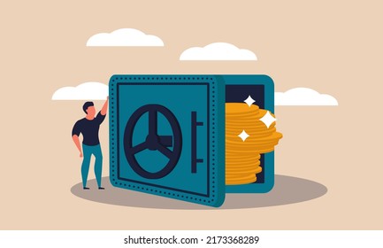 Finance access lock and financial gold cash insurance opportunity. Man with key and money vector illustration concept. Deposit encryption with padlock and commerce credit success. Business investment