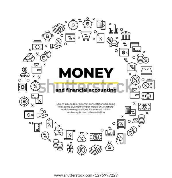 Finance account line icons. Money balance, real
estate car crediting finance productivity poster. Bank businesstor
vector brochure