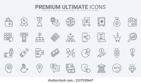 Finance, accounting analysis service and analytics thin line icons set vector illustration. Infographic outline bank account collection with money profit growth, linear stock market data research