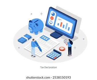 Conceito financeiro e contábil. Caracteres preparando a declaração de imposto, calculando o modelo infográfico de devolução de imposto de renda. Ilustração vetorial isométrica plana.