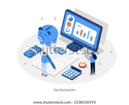 Finance and accounting concept. Characters preparing tax declaration, calculating income tax return infographic template. Flat isometric vector illustration.