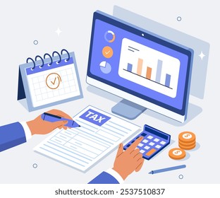 Conceito financeiro e contábil. Consultor financeiro preparando declaração de imposto, calculando declaração de imposto de renda. Modelo de gerenciamento financeiro. Ilustração vetorial isométrica plana.