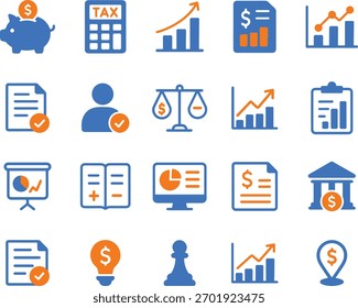 Finance and accounting concept icons with graph analysis report containing piggy bank calculator