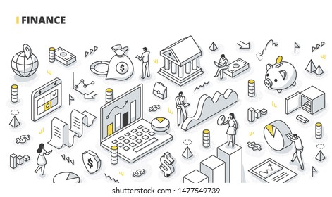 Finance and accounting isometric concept. Business people working together and developing successful financial strategy for business. Financial data analysis. Return of investments & money growth