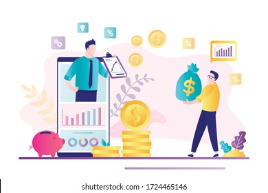 Finance advisor on smartphone screen. Businessman with money capital. Invest ideas, financial advice and business consulting, analytics. Bank mobile app. Growth profit and savings. Vector illustration