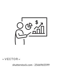 finance agent or advisor icon, business training, financial consultation, thin line symbol concept isolated on white background, editable stroke eps 10 vector illustration