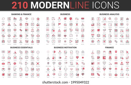 Finance analysis and banking, business motivation thin red black line icon vector illustration set. Outline safe money payment symbols, credit business investment growth, stock market research signs