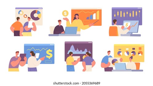 Finance analysis characters. Funding advice, budget planning. Office people study charts and diagram. Business commerce, financial utter vector set