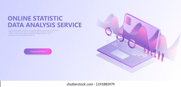 Finance analysis computer application. Isometric laptop with chart and financial growth graph.Online statistics and data Analytics.Digital money market, investment,finance and trading.Isometric vector
