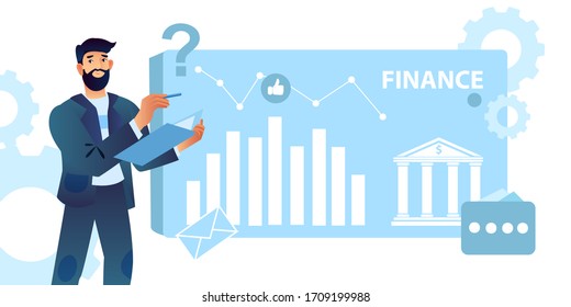 Finance analysis concept with bearded male character, graph, icons, gears. Vector illustration with statistics consultant in a business suit. Stock banner in blue trendy colors for web pages, apps