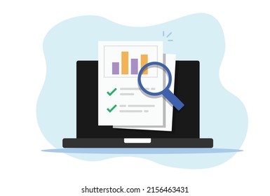 Análisis financiero del análisis de estadísticas de portátiles o de auditoría con el icono de documentos financieros vectores planos