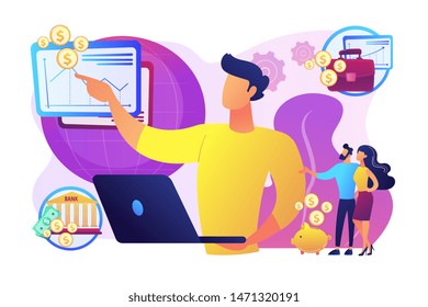 Finance analyst. Business strategy and budget planning. Financial adviser, top investment advisors, financial advisory services concept. Bright vibrant violet vector isolated illustration