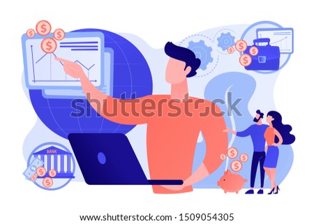 Finance analyst. Business strategy and budget planning. Financial adviser, top investment advisors, financial advisory services concept. Living coral blue vector isolated illustration