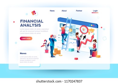 Finance analysts. Concept of analytics for website, small social presentation, magnifying infographic. Study global occupation concept with characters and text. Flat isometric vector illustration.