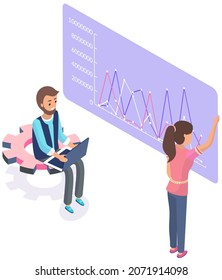 Finance analytics, chart graphic report web infographic. People study business statistics and data analysis. Employees work with statistical indicators, operating system maintenance, settings