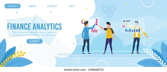 Finance Analytics Design Landing Page Template. Male Analysts Team Perform Digital Marketing Research Using Modern Computer Technology. Investment, Statistic Budget Audit. Vector Flat Illustration
