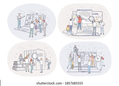 Finance, analytics, marketing, development, teamwork, business concept. People business partners workers analysing financial data and information statistics and discussing projects together in office