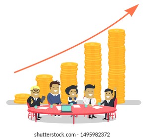 Finance analytics and stats, people on meeting of company. Business conference banking and accumulation of money, chart made of coins. Vector illustration in flat cartoon style