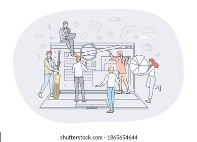 Finance, analytics, teamwork concept. People business partners workers cartoon characters analysing financial data and marketing information statistics, making presentation on laptop together in team