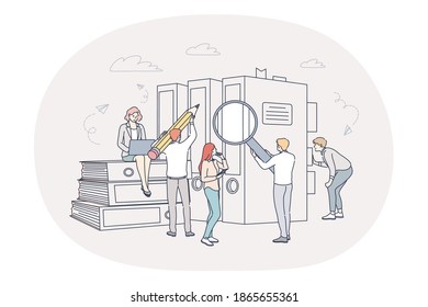 Finance, analytics, teamwork concept. People business partners workers cartoon characters analysing financial data and marketing information statistics together in office in team illustration 