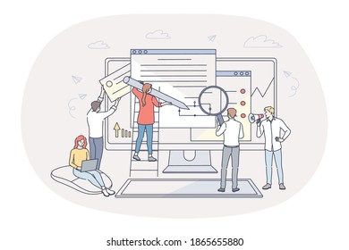 Finance, analytics, teamwork concept. People business partners workers cartoon characters analysing financial data and marketing information statistics, making report together in office illustration 