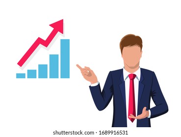 Ilustración vectorial del análisis financiero. Hombre de negocios en traje, diagrama gráfico gráfico gráfico diagrama de análisis infofífico aislado en blanco.