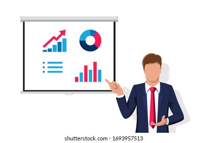 Finance analytics vector illustration. Business man in suit, Graph chart diagram inforphic analysis concept isolated on white.