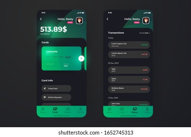 Finden Sie App UI Design-Konzept mit Transaktionsseite, Kreditkarteninhaber Informationen. User Banking-App-Dashboard auf dem Telefon.