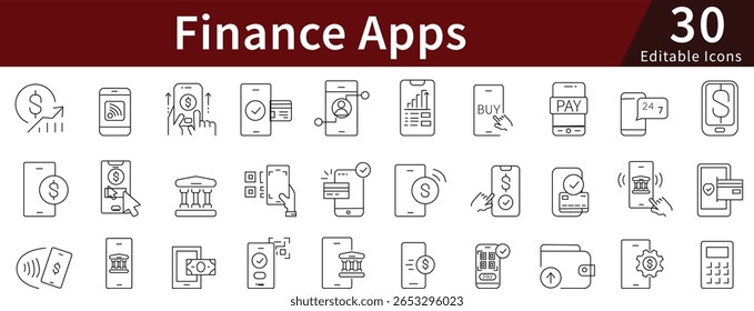 Aplicativos financeiros Ícones de linha editáveis definidos para bancos, investimentos, pagamentos e tecnologia financeira