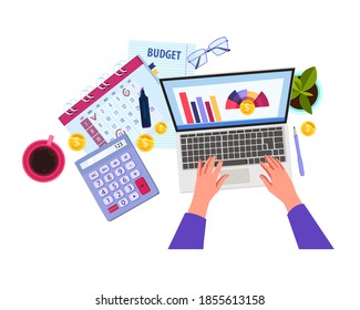Finance audit or budget planning vector cartoon illustration with hands, laptop, calculator, calendar, coins. Business analysis and tax report concept isolated on white.Budget planning banner top view