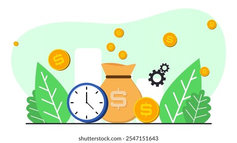 Fondo de finanzas con monedas y reloj. Ilustración vectorial. Diseño de datos personales. Diseño de negocios. Estilo plano de la historieta. 