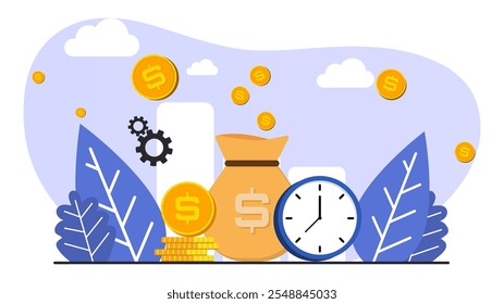 Fondo de finanzas con monedas y reloj. Ilustración vectorial. Diseño de datos personales. Diseño de negocios. Estilo plano de la historieta. 