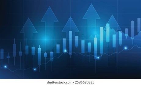 finance background. stock market candlesticks chart with bar graph and arrow up 