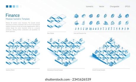 Finanzas, constructor isométrico modular de cuenta bancaria. Base de patrones sin inconvenientes, icono de línea, juego de caracteres. Desarrollar, crecer escaleras arriba, concepto de trabajo en equipo. Dinero, impuestos, plataforma del mercado de valores. Ilustración 3D