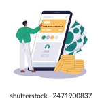 Finance bank app on smart phone. Customer using mobile money application for online payment, card transaction and bill pay. Man with smartphone. Flat vector illustration isolated on white background