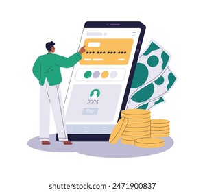 Finance bank app on smart phone. Customer using mobile money application for online payment, card transaction and bill pay. Man with smartphone. Flat vector illustration isolated on white background