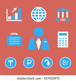 Finance and bank icons with currency symbols of tenge, russian ruble, dram and belarusian ruble