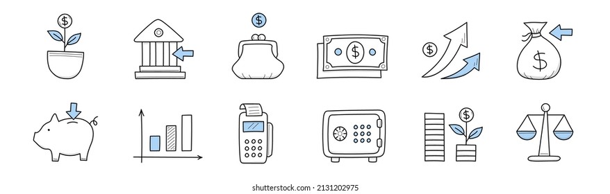 Finance, bank investment doodle icons money tree in flower pot, building, purse with dollar coin, paper currency bills, growing arrows, money sack, piggy bank, pos terminal, scales Line art vector set