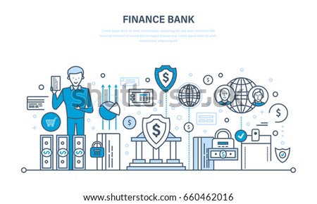 Finance bank, online banking, protection, guarantee payment security, finance, cash deposits, purchases, money transfers. Illustration thin line design of vector doodles, infographics elements.