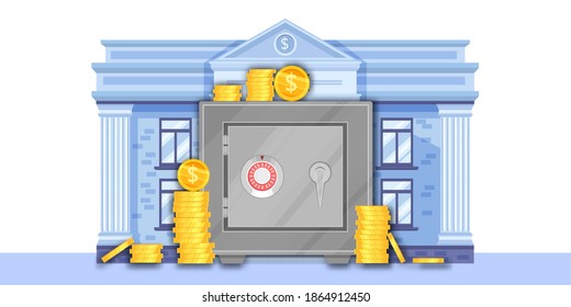 Finance bank vector illustration with safe iron box,building facade,golden dollar coins stacks isolated on white. Closed stongbox storage front view with combination lock.Bank safe money vault clipart