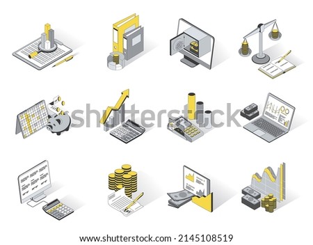 Finance and banking 3d isometric icons set. Pack elements of financial data analysis, accounting, budget, savings at piggy bank, money, coins, credit. Vector illustration in modern isometry design