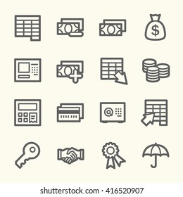 Finance and banking,  credit card and cash, atm and value, safe and handshake, web vector stock icons